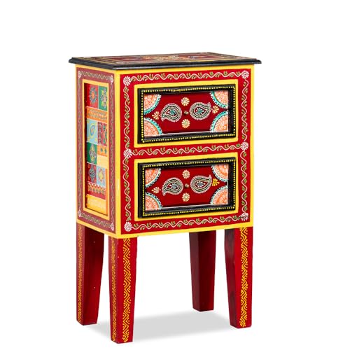 Image of Wooden Bedside Table for Bedroom with Drawer | Solid Wood Handcrafted Bed Side Table | Antique Side Table for Home Decor | Decorative Chest of Drawer for Living Room (Red)