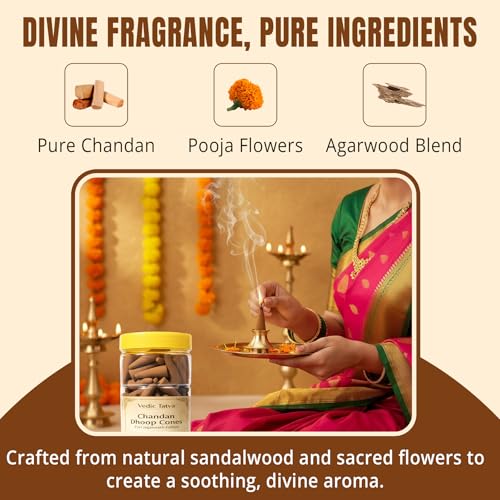 Image of Sandalwood Dhoop Cones for Pooja - Premium Pack of 200 | Natural Chandan Dhoop Cones Made with Pooja Flowers & Agarwood Blend | Long-Lasting Fragrance for Meditation, Prayer & Aromatherapy
