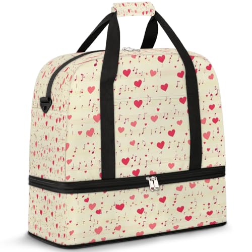Bolsa de deporte plegable con corazones y notas musicales, maleta de mano unisex de 47 L