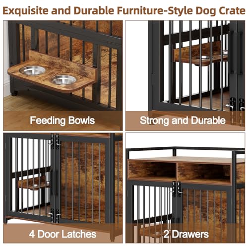 Hundekäfig Möbel, 123 x 76 x 110cm Hundebox Zuhause mit 2 Türen 2 Schubladen 1 Arbeitsplatte, Hundegitter mit Schwenkbaren Hundenäpfe, Hundehütte, Dekorative Haustierkiste für den Innenbereich