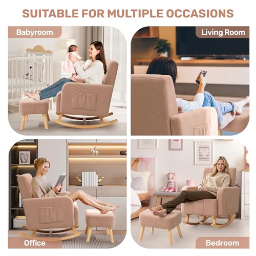 Image of HCHAIRH Rocking Nursery Chair with Ottoman, Upholstered Glider Rocker with High Backrest and Side Pocket, Comfy Reading Chair with Solid Wood Legs for Nursery, Living Room,Bedroom Coffee
