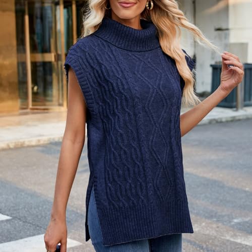 Image of Blostirno Women's Turtleneck Sweater Vest Sleeveless Ribbed Solid Knitted Pullover Sweaters Tops