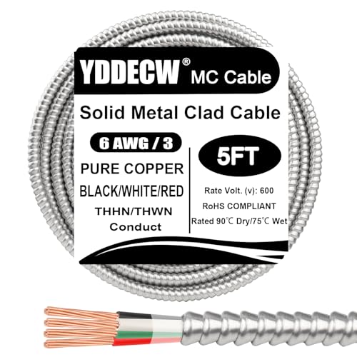 Image of 5ft 6 /3 Metal Clad (MC) Cable with Ground, 6 Gauge Electric Wire with Aluminum Armor, Solid Bare Copper Conductors for Indoor Outdoor Underground Embedded Installation (6 /3, 5 ft)