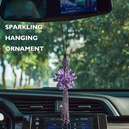 Image of Crystal Flower Ball Car Pendant Lucky Car Mirror Hanging Ornament Crystal Suncatcher Hanging Charm Auto Interior Decoration, Purple