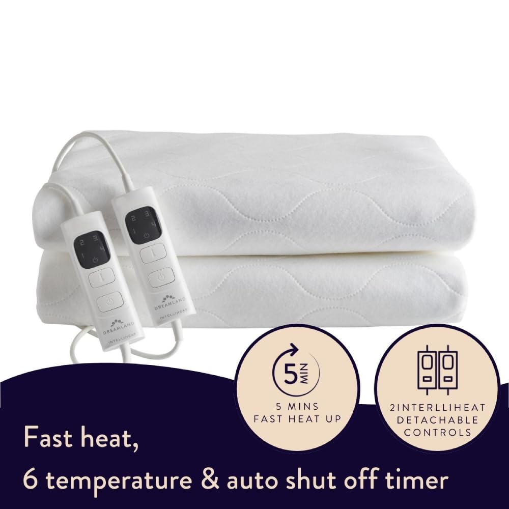 Dreamland King Size Sleep Tight Deluxe Flauschige Matratzenwärmer/Unterdecke (Intelliheat Plus Fast Heat, maschinenwaschbar, 160 x 150 cm, 2 abnehmbare Regler, 4 Temperaturen und automatischer Timer)