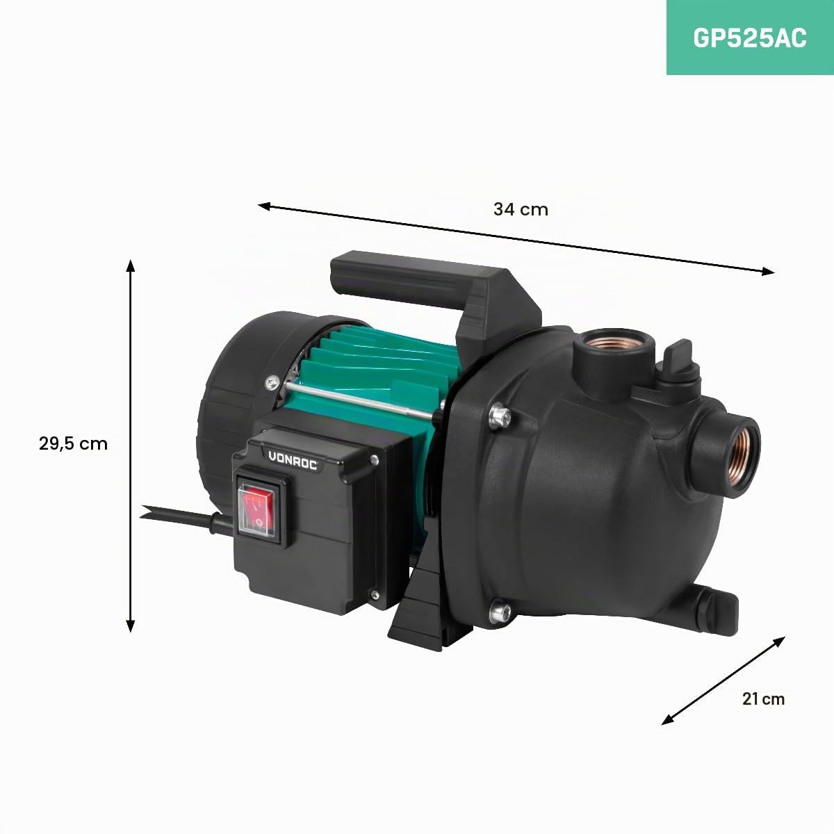 VONROC Bomba de jardín / Bomba de agua - 800W - 3300l/h - Para regar el jardín/césped