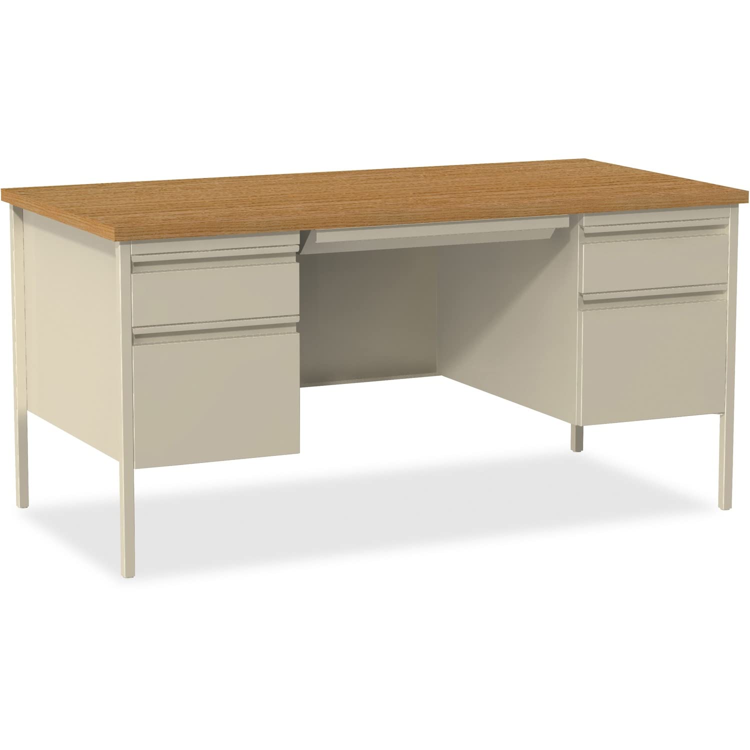 Lorell Fortress Double Pedestal Desk, 30" x 60" x 29.5", Putty Steel Base with Oak Laminate Top, for Office/Classroom, Large