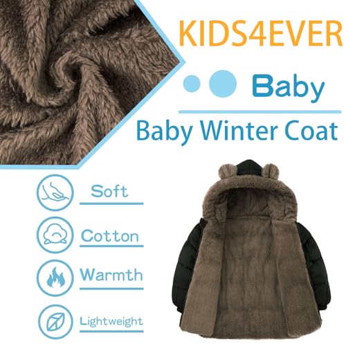 kids4ever Baby Jacke Junge Warm Wintermantel Niedlich Plüsch Bärenohren Winterjacke Reißverschluss Kapuzenjacke Schwarz für Kleinkinder 6-12 Monate