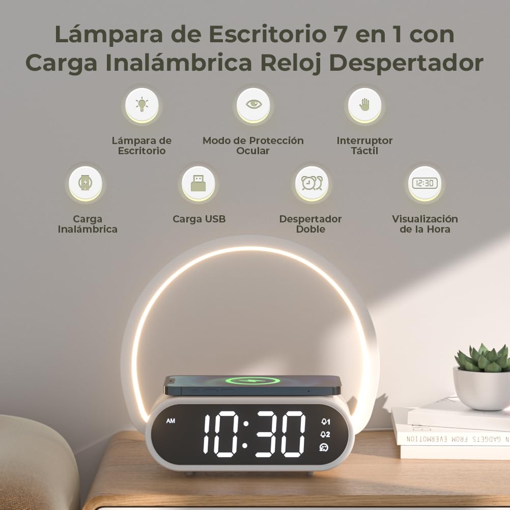 Despertador con Luz Nocturna Regulable 4 Niveles (Leer o Dormir) y 2 Alarmas, Carga Inalámbrica para iPhone/Samsung, Puerto USB, Reloj 3 en 1 para Adultos, Habitación, Oficina o Niños
