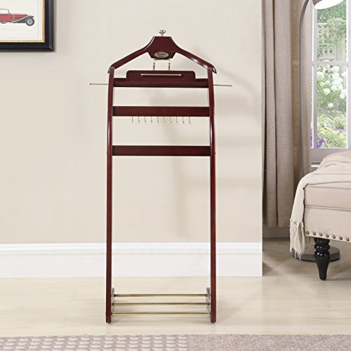 Proman Products Windsor Signature Valet Stand Vl16158 With Tray, Detachable Contour Hanger, Trouser Bar, Tie Rack, 13.5" W X 16.5" D X 45" H, Dark Mahogany #TOP1