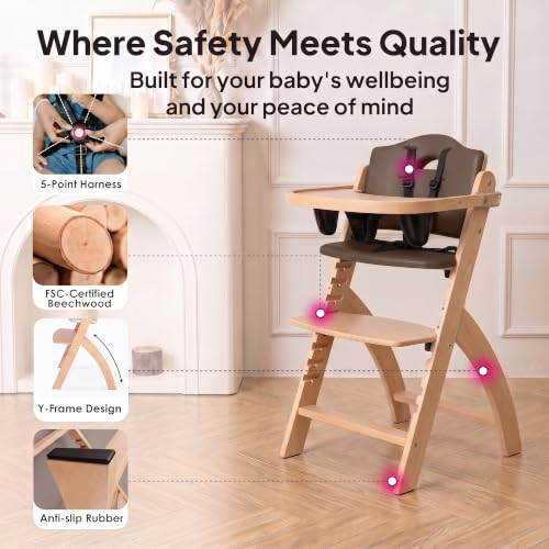 Image of Abiie Beyond Junior Wooden High Chair with Tray - Adjustable and Convertible High Chair for Babies and Toddlers - 6 Months to 250 Lb - Water Resistant - Natural Wood with Shiitake Cushion