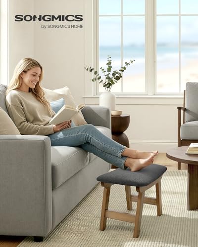 Image of SONGMICS Foot Stool Ottoman, Padded Foot Rest Under Desk with Solid Wood Frame, Removable Cover, for Living Room, 9.8 x 15.4 x 11.8 Inches, Slate Gray and Brown ULSF052GN01
