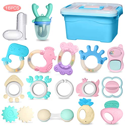 INPHER Mordedor para Beb, 16 Piezas Sonajeros Bebe Mordedores de Denticin de Nios, Sin BPA, con Chupete Fruta y Cepillo Dientes Bebe Silicona Con Caja,para 3,6,9,12 Aos, Esterilizar en 120  C