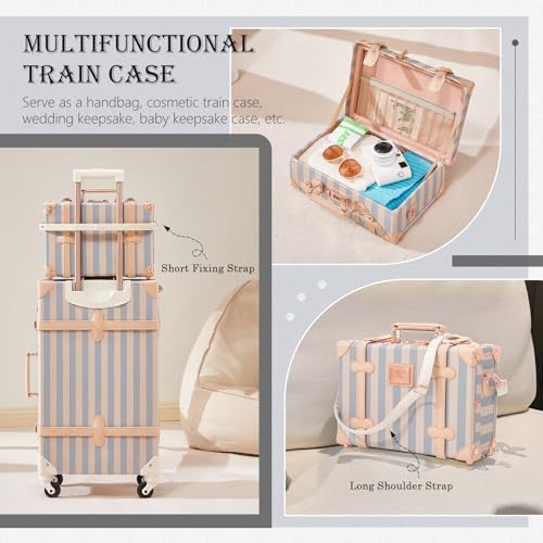 Image of UNIWALKER Vintage Carry on Luggage Set, 2 Piece Retro Spinner Trunk Suitcase with Cosmetic Train Case for Women, 20 inch+12 inch, Blue Strip