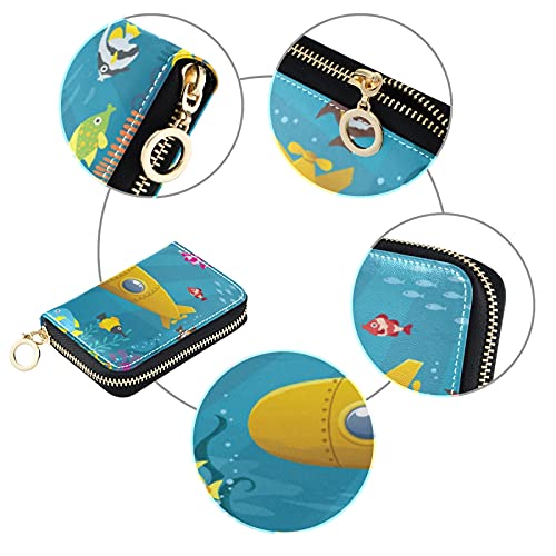 Colorful Cartoon Yellow Submarine Fishes Underwater Grey Credit Card Coin wallet, RFID Blocking Compact Women Leather Card Holder, Key Change Organizer, Zipper Purse Clutch Pouch Pocket3