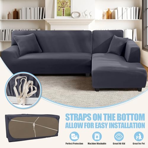 Sectional Couch Covers L Shape Sofa Covers Super Stretch 2pcs Sofa Slipcovers for 3 + 3 Seaters Sectional Chaise Slipcover with 2pcs Pillow Covers for Pets Kids, Dark Grey - Image 4