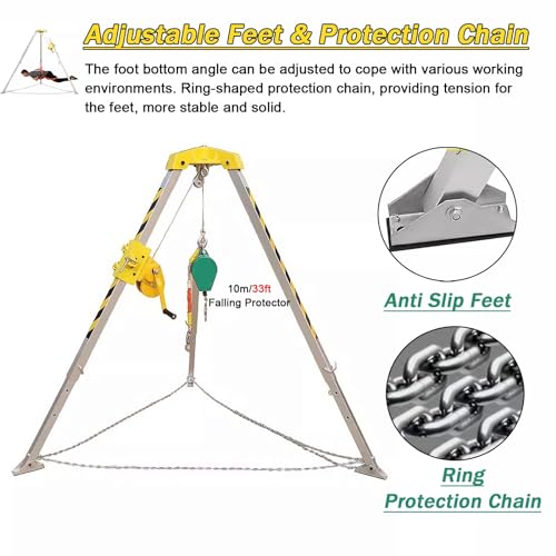 Trépied robuste pour espaces confinés, pieds télescopiques en aluminium, système de protection contre les chutes pour puits profonds, drains, conduits, treuil de 544,3 kg avec harnais de sécurité
