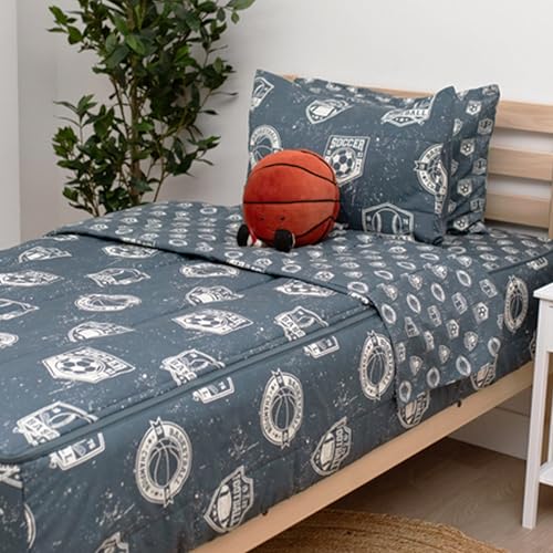 Image of Beddy's Sports Theme Durable Zipper Bedding for Kids - Bed in a Bag - Blue Sheets with Baseball, Football, Basketball, Soccer Comforter - Includes Pillowcase & Sham - Easy to Make & Wash - Full