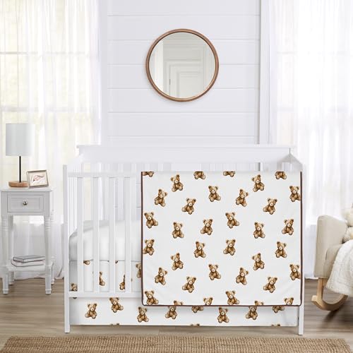Sweet Jojo Designs 3-Piece Baby Crib Bedding Set (Boho Teddy Bear) for Boys or Girls, Infants/Nursery incl. Blanket, Fitted Sheet and Skirt (Soft Brown Bears, Watercolor, Classic, Wholesome Aesthetic)