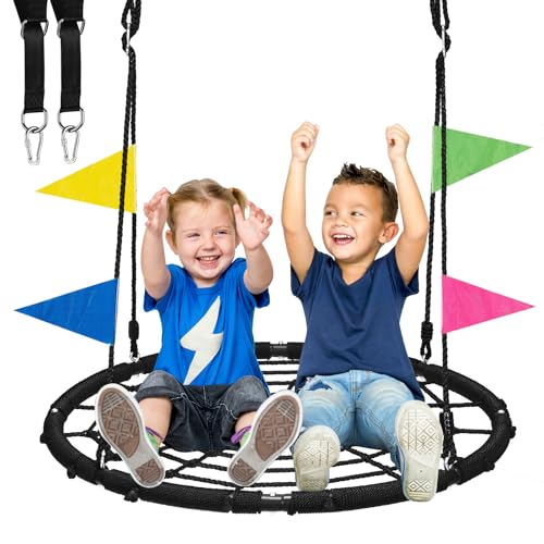 Heyzoo Spider Web Tree Swing, 40 inch Outdoor Saucer Net Swing, with Tree Hanging Straps, 800lbs Weight Capacity, for Backyard and Playground, Gifts for Kids, Black