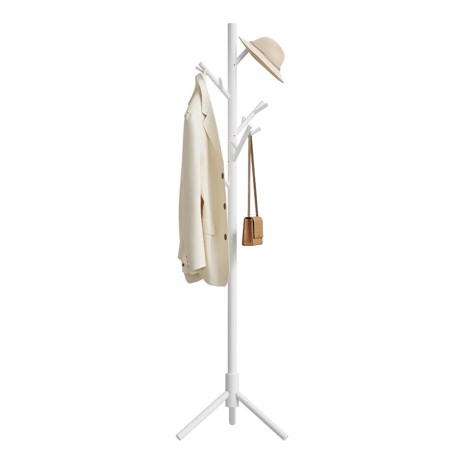 WOLTU Appendiabiti da Terra a Forma di Albero, Attaccapanni con 13 Ganci, Altezza Regolabile su 3 Livelli, in Legno, per Ingresso, Guardaroba, Camera da Letto e Ufficio, 48x42x175 cm, Bianco