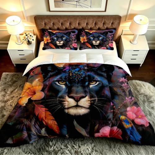 Gumntun Edredon Estampado Cama 90-135x200 cm Leopardo de Flores Negras, 3D Impresión Juego de Cama de 3 Piezas 135x200, Transpirable y Supersuave Juego de Ropa para Las 4 Estaciones_B20366