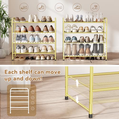 Image of Modern Shoe Rack, 4 Tier Heavy Duty Metal Mesh Shoe Shelf 27 Inch Wide, Gold