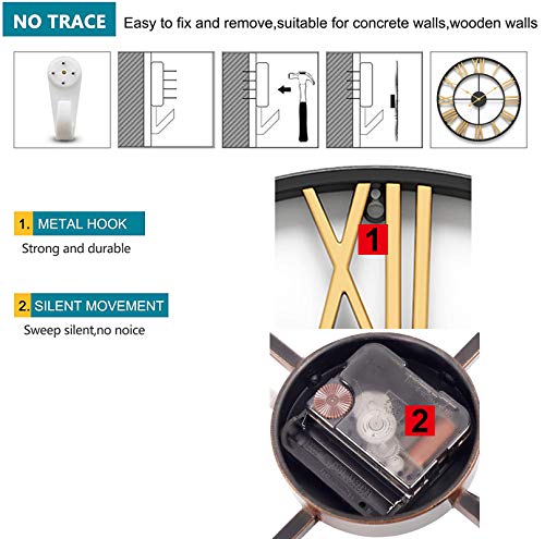 Eurson Large Wall Clocks Non-Ticking Silent 24 Inch Battery Operated Oversized Metal Round Roman Numerals European Industrial Wall Clocks For Home Kitchen Living Room Office Decor (Black&Gold, 24Inch) #TOP6