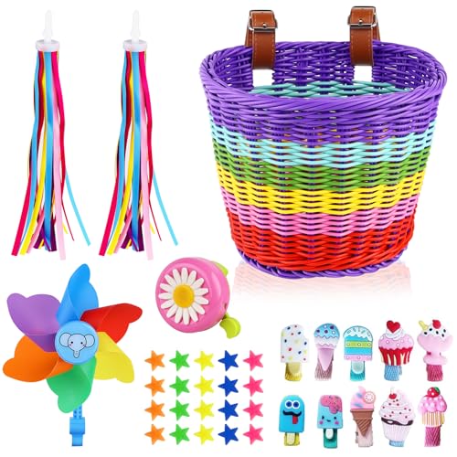 Kid's Bicycle Basket Streamers Set Adjustable Front Handlebar Bike Basket with Colorful Bike Streamers Bell,Bicycle Windmill, DIY Bike Decoration Accessories Kit for Girls Rainbow