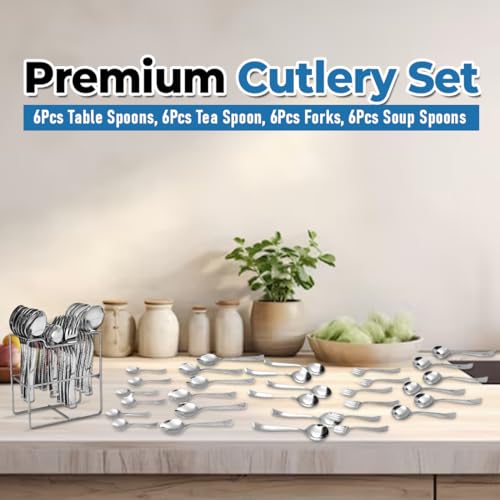 Image of Premium Stainless Steel, 25-Piece Cutlery Set for Kitchen & Table (6 Dessert Spoons, 6 Dessert Forks, 6 Tea Spoons, 6 Soup Spoons, 1 Storage Stand) (25, Silver)