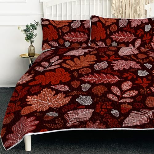 BlessLiving Quilts Red Leaves Comforter Set 3-Piece Queen
