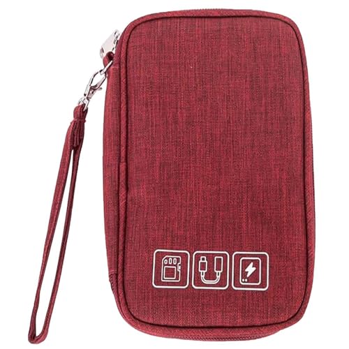 Amusingtao Small Travel Cable Organiser - Compact Electronics 3 Layers Travel Organizer Pouch, Gadget Storage Bag for Chargers & Cables - Cable Pouch with Hand Strap (Red)