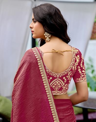 Image of SIRIL Women's Shimmer Silk Sequence Embroidery Lace two Tone Saree With Embroidery Unstitched Blouse Piece
