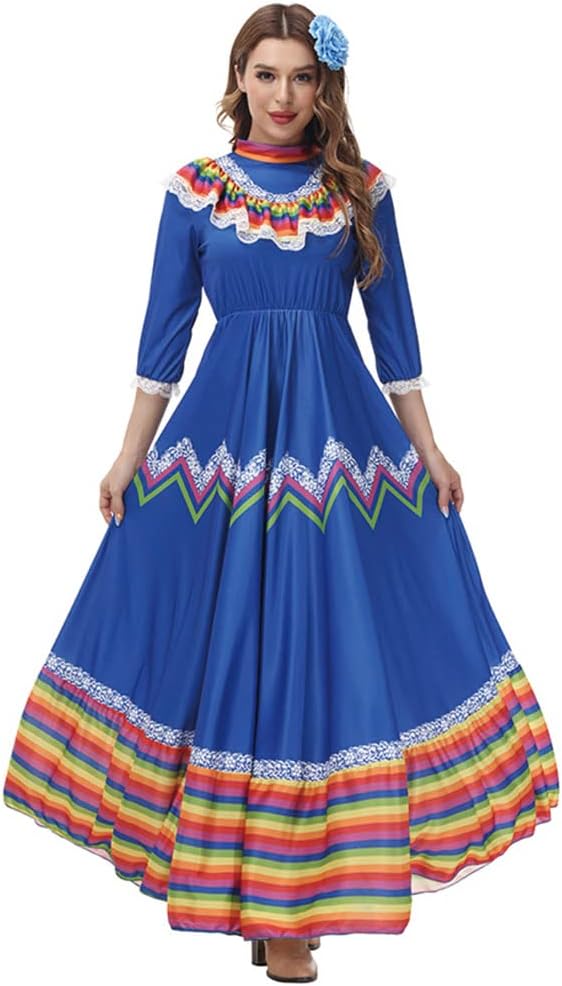 STIOEDYUANWomen Mexico Costume Dress Halloween Traditional Senorita Dance Folk Style Cinco De Mayo Fiesta Flower Headwear