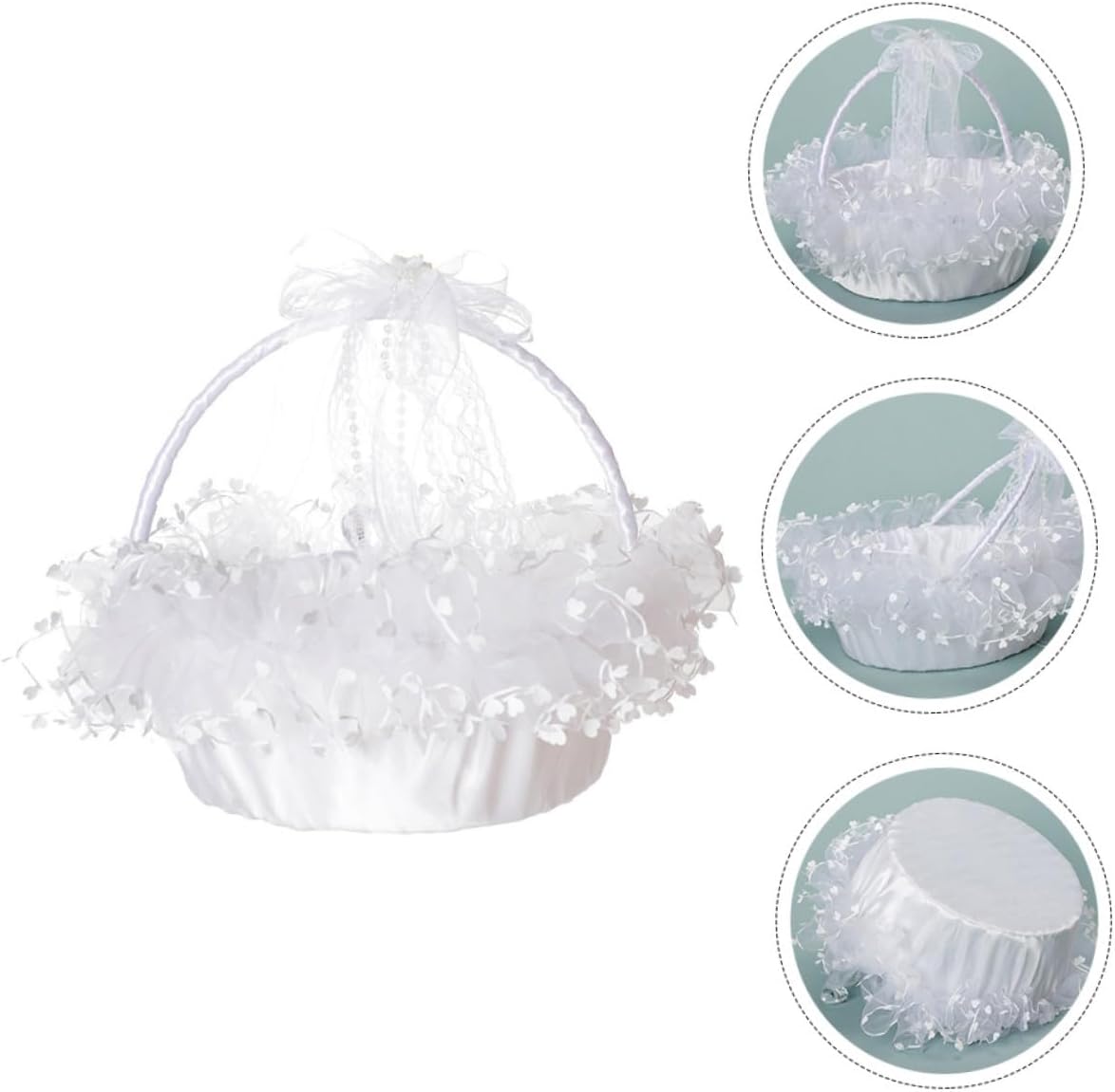 Lace Wedding Basket Handheld Flower Holder White Decorative Basket with Removable Handle for Flower Valentine’s Day Ceremony Supplies