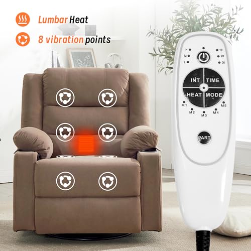 Image of Rocking Recliner Chair for Adults, 360 Swivel Rocker Recliner with Massage and Heating, Manual Glider Rocking Chair with Cup Holders for Living Room Bedroom Nursery (Mocha)