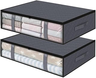 2pcs Under Bed Storage Bags with Clear Window & Handles for Bedding,Grey | Feature clear visible window, reinforced handles and smooth zipper, flat dustproof design for bedding and clothes storage
