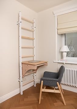 212W Solid Beech Wooden Wallbars, Stallbars, Swedish Ladder, Gymnastic Ladder, Wooden Furniture with Oval Rungs, Adjustable Pull Up Bar and Removable BenchTop Used as a Desk