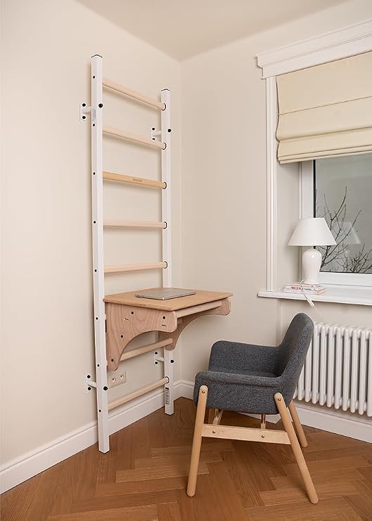 212W Solid Beech Wooden Wallbars, Stallbars, Swedish Ladder, Gymnastic Ladder, Wooden Furniture with Oval Rungs, Adjustable Pull Up Bar and Removable BenchTop Used as a Desk