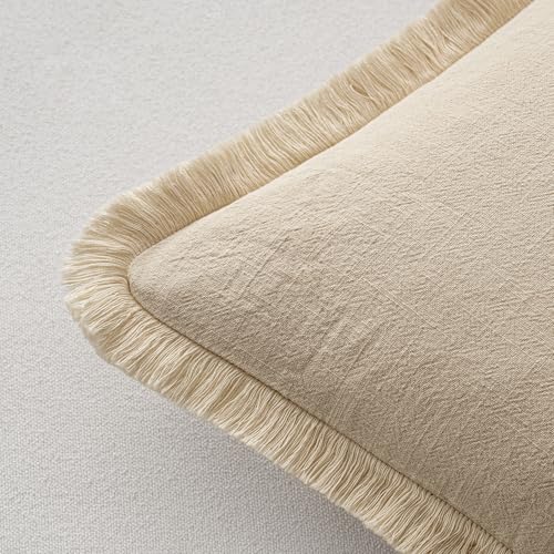 Image of MIULEE Decorative Throw Pillow Covers Neutral Linen Fringe Throw Pillows Set of 2 Beige Boho Farmhouse Cushion Covers with Tassels for Couch Sofa Bed Living Room Spring Home Decor 16x16 Inch
