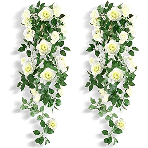 NIBESSER 2 Packs Artificial Hanging Flowers Plants, 3Ft White Rose Artificial Vine Garland Flowers for Hanging Basket Fake Hanging Flowers Flowers Vine Wedding Bouquet Indoor & Outdoor Decoration Cover