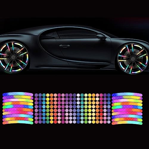 Nouiroy Bicycle Stickers Rainbow Car Decals Reflective Rim Tape for Bikes Pink Rims for Cars,Bike,Skateboard, Motorcycle Nighty Safety Warning Sticker (180 Pcs Strip&Dots)