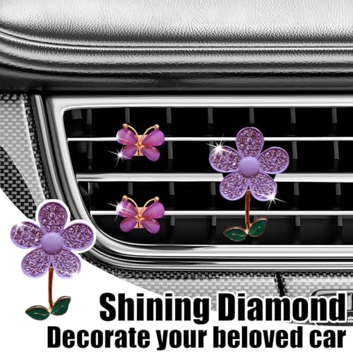 Image of 3PCS Bling Car Air Vent Clips, Butterfly Flower Rhinestone Vehicle Conditioning Outlet Clamps, Diamond Vent Clip Charm Decoration for Women Girls, Universal Automotive Accessories (Purple)