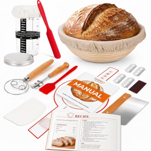 Complete Sourdough Starter Kit, Bread Baking Supplies, 9'' Round Banneton Bread Proofing Basket with Glass Sourdough Starter Jar & Tools, Bakery Accessories for Bread Making Baking Fermentation