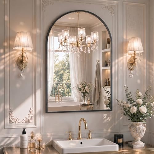 Image of 20 inchx30 inch Arched Black Bathroom Mirror - Metal Framed with HD Shatter-Proof Glass, Wall-Mounted for Over Sink, Entryway, Living Room, Bedroom