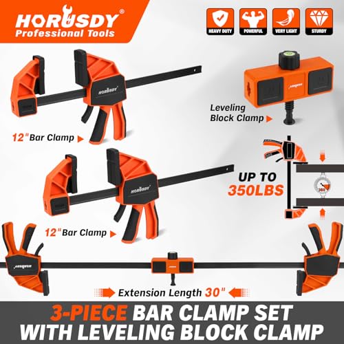 Image of HORUDSY 3-Pack 12-Inch Bar Clamps Set with Leveling Block Clamps, Heavy Duty 350LBS Load, One-Handed Quick Grip Woodworking Clamps, Expandable Spreader with Connector