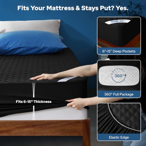 Image of BEDLORE 2 Pack Waterproof Mattress Protector,Twin XL Size Pad Noiseless with Deep Pocket Fitted for 6 inch-15 inch,Soft Breathable Dirt-Proof Single Bed Mattress Cover Washable for Bedroom,Dorm Room(Black)