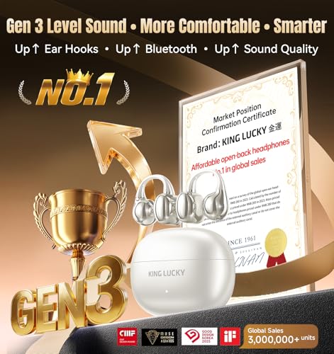 Image of King Lucky Clip-On Earbuds Gen 3, Open-Ear Wireless Bluetooth 6.0 Headphones with Mic, Secure Fit for Small Ears & Glasses Wearers, 50H Playtime, ENC, IPX5 Waterproof Sport Ear Buds (Light White)