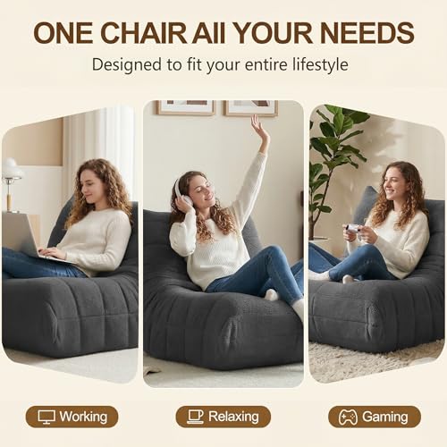 Image of Gazecaia Comfy Bean Bag Chair for Adults Teens | Fireside Floor Lounge Chair,Soft Teddy High-Resilience Memory Foam Bean Bag Couch with Non-Slip Base,for Living Room Bedroom Apartment Office,Dark Gray
