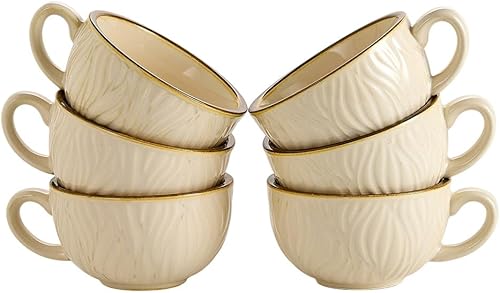 Miniatura 13 de Juego de 6 tazas de diseño vintage de 355 ml tazas de café con leche profesionales de cerámica para barista, tazas de capuchino (negro áspero * 6)